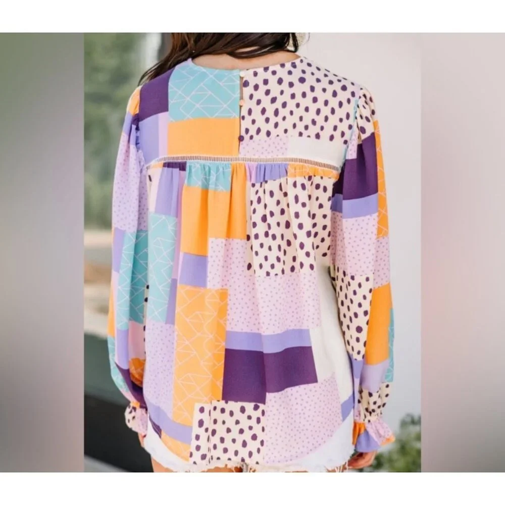 Fate Multicolor Abstract Patchwork Long Puff Sleeve Ruffle Keyhole Blouse Size S - Picture 2 of 9